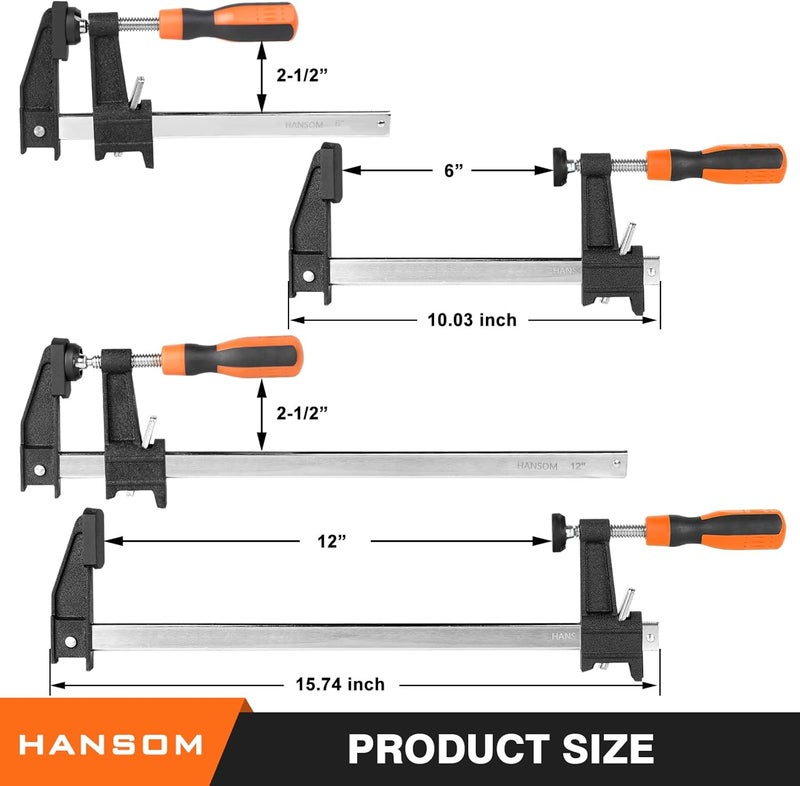 HANSOM 6-Pack 12”(4)&6”(2) Bar Clamps,Wood Clamps Heavy Duty Force 600 Lbs Adjustable and Release Quickly,Woodworking Clamps Throat Depth 2.5 inch with Plastic Handle - Image 2
